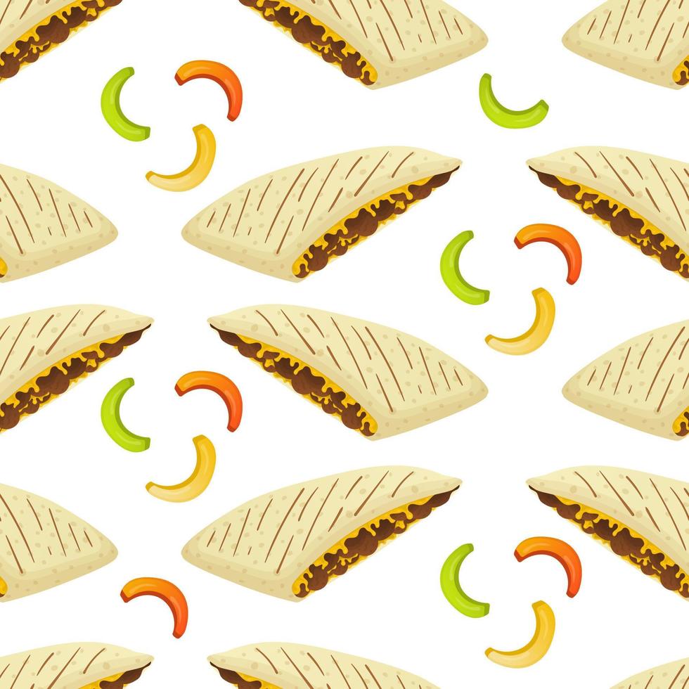 Nahtloses Muster mit mexikanischem Essen Quesadilla und Chilischoten. Fast-Food-Restaurant und Streetfood-Snacks, Fleischtortillas, Lieferung von Speisen zum Mitnehmen vektor