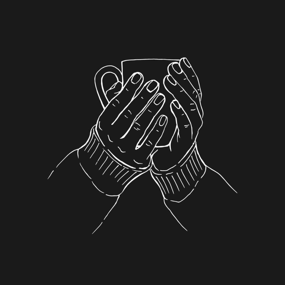 hand dragen skiss av händer innehav en kopp av kaffe, te etc. vektor illustration isolerat på svart bakgrund.