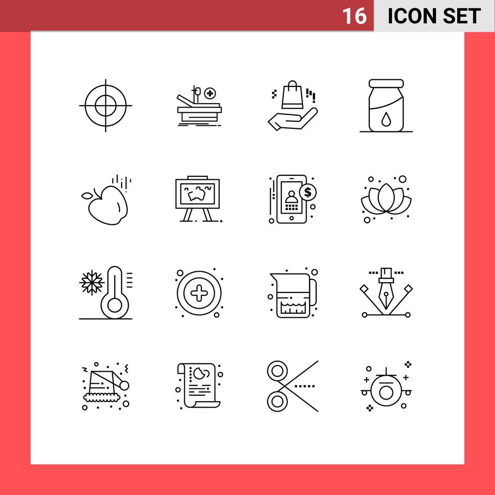 universell ikon symboler grupp av 16 modern konturer av presentation mat ahnd äpple släppa redigerbar vektor design element