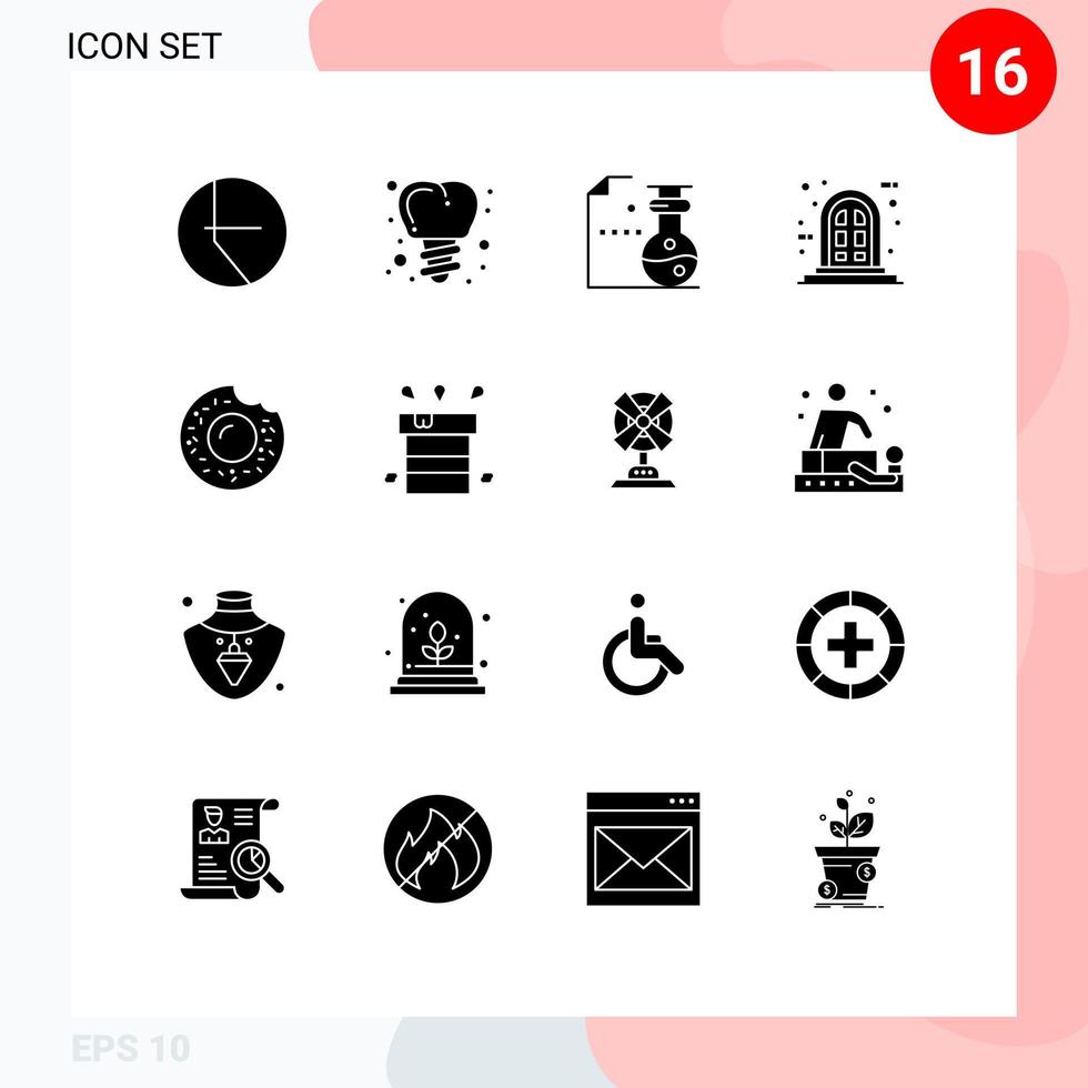 Piktogrammsatz von 16 einfachen soliden Glyphen von trockenen Süßigkeiten Laborlebensmittelfenster editierbare Vektordesign-Elemente vektor