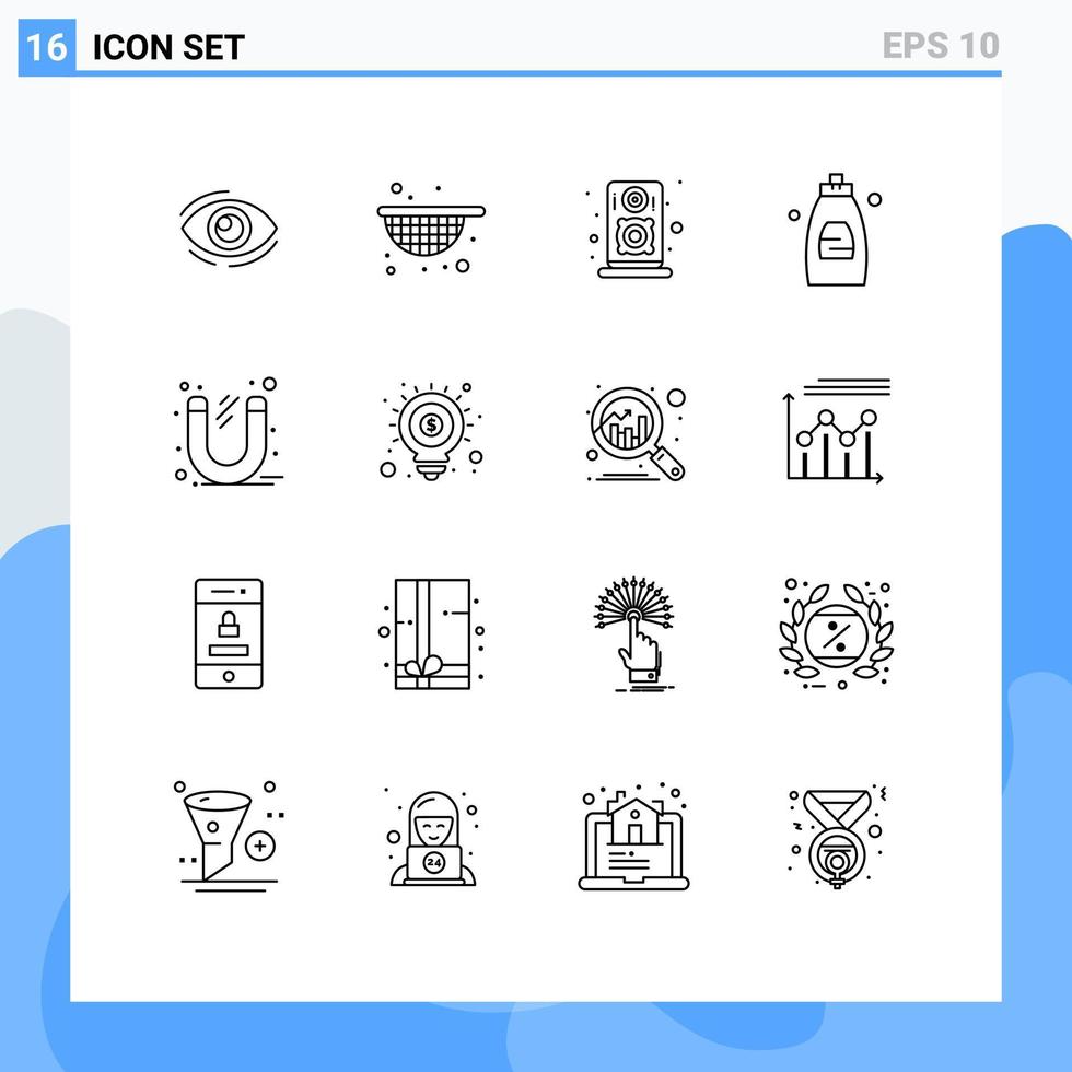 satz von 16 modernen ui symbolen symbole zeichen für business dusche landwirtschaft reinigungsgel lautsprecher editierbare vektordesignelemente vektor