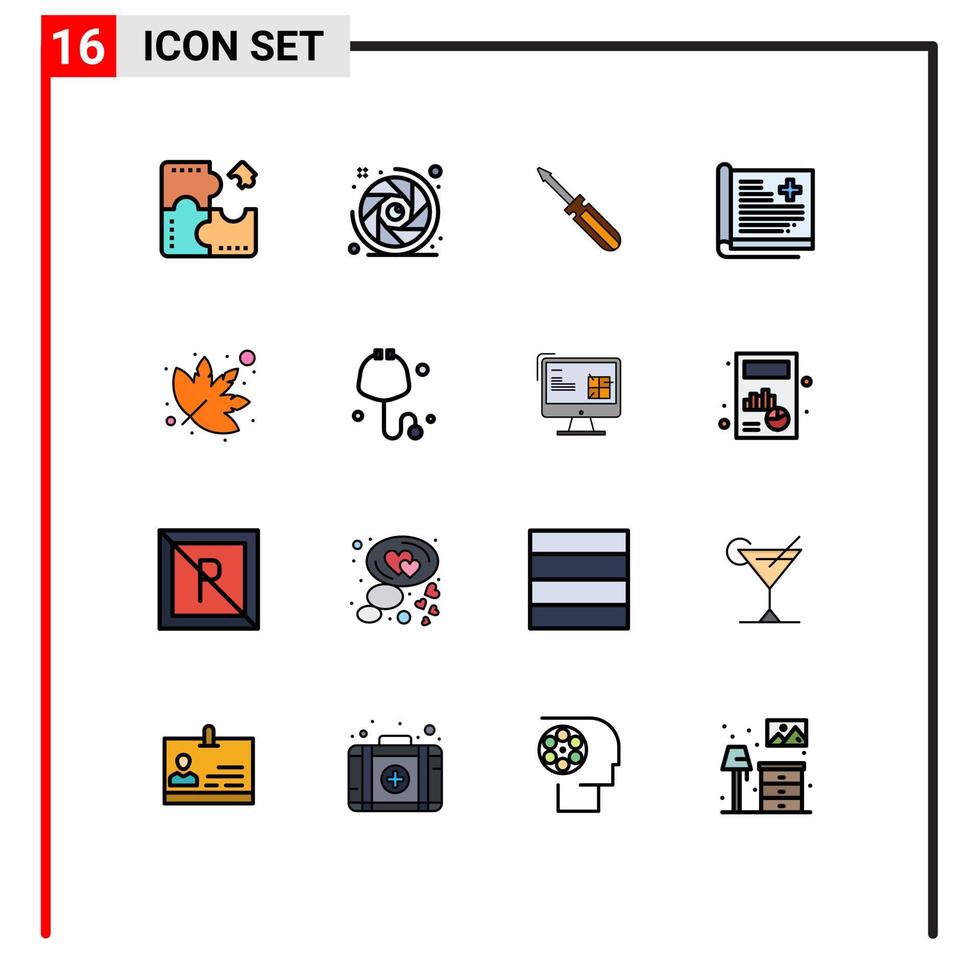 Gruppe von 16 flachen, farbgefüllten Linien Zeichen und Symbole für die Berichtsgeschichte Linsenöffnung Gesundheitsreparatur editierbare kreative Vektordesign-Elemente vektor