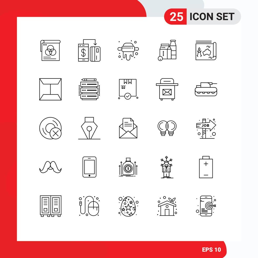 25 kreative Symbole, moderne Zeichen und Symbole für Reiseeinkäufe, Smartphone, Buttermilch, editierbare Vektordesign-Elemente vektor