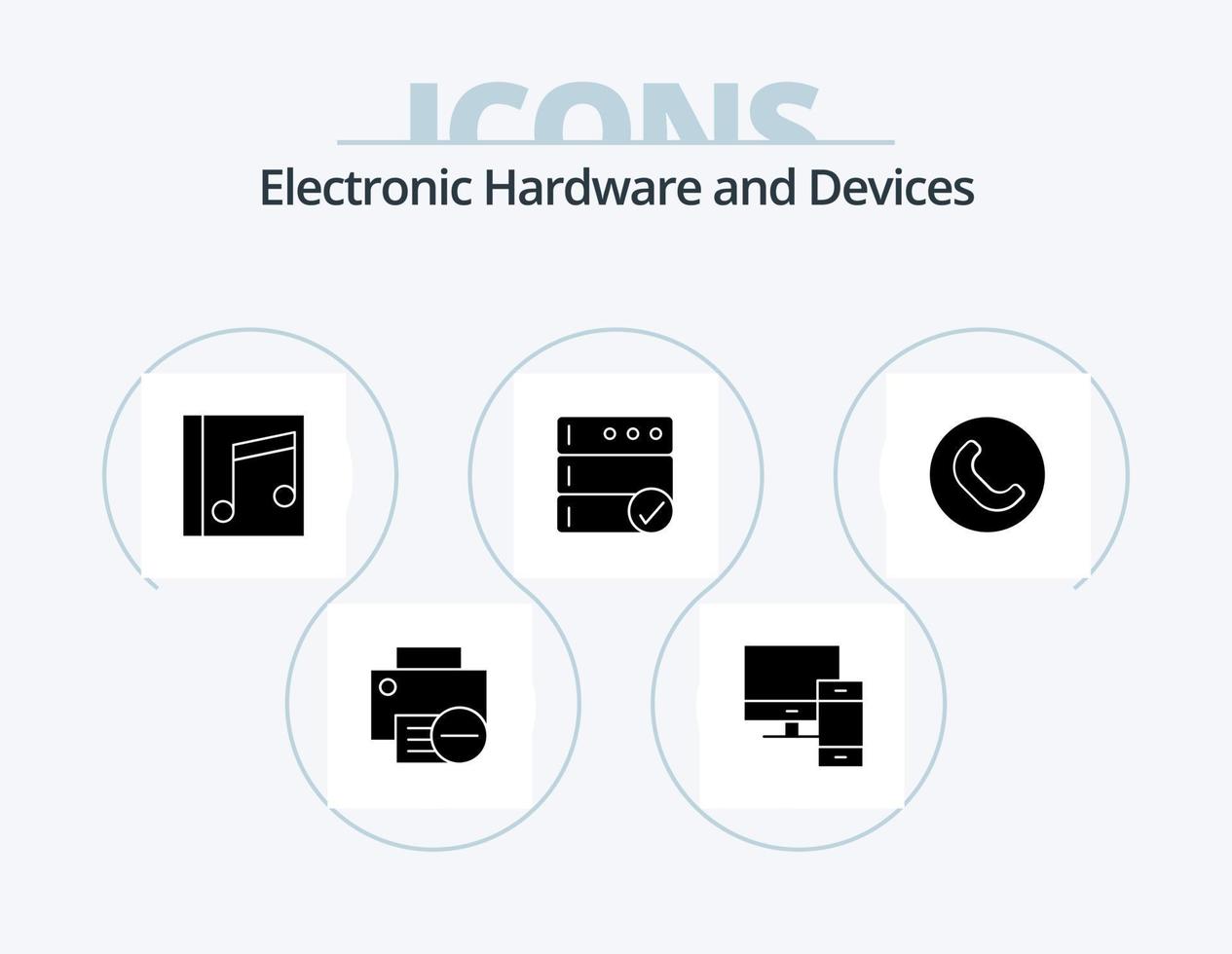 enheter glyf ikon packa 5 ikon design. server. säkerhetskopiering. st. sånger. musik vektor