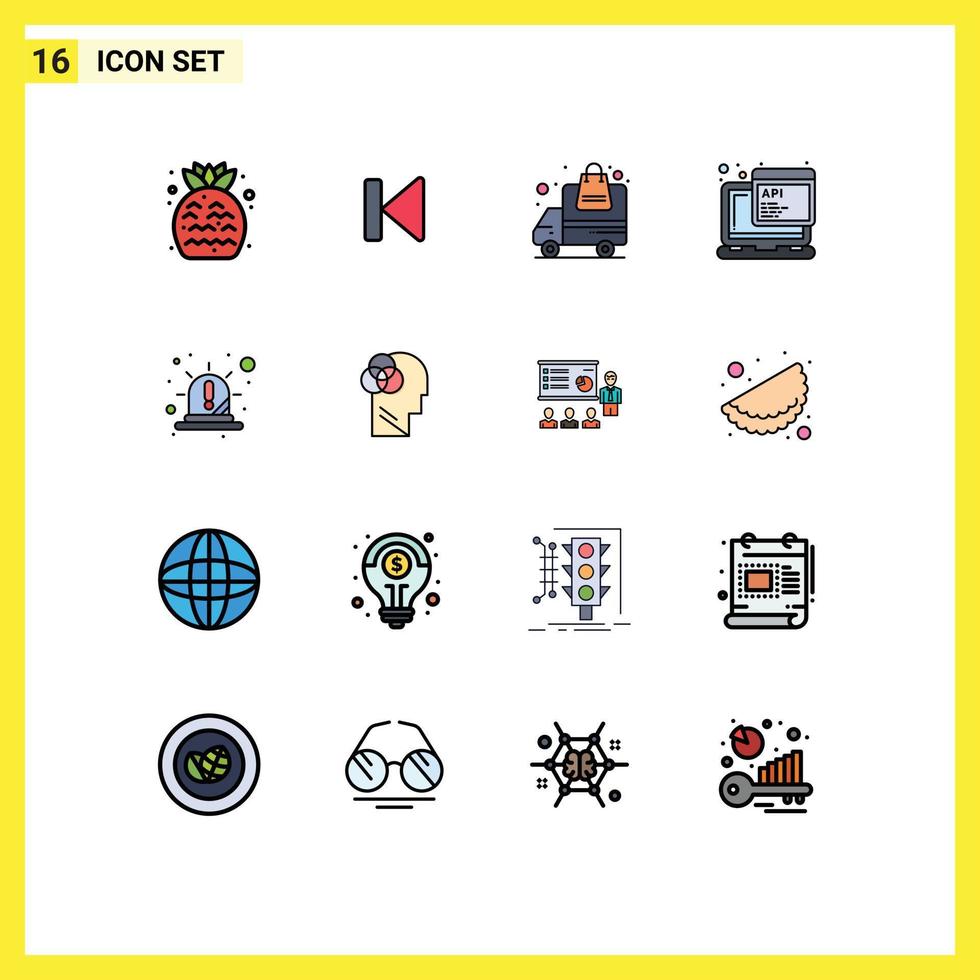 mobile schnittstelle flache farbe gefüllte linie satz von 16 piktogrammen von alarmskript start javascript bestellung bearbeitbare kreative vektordesignelemente vektor