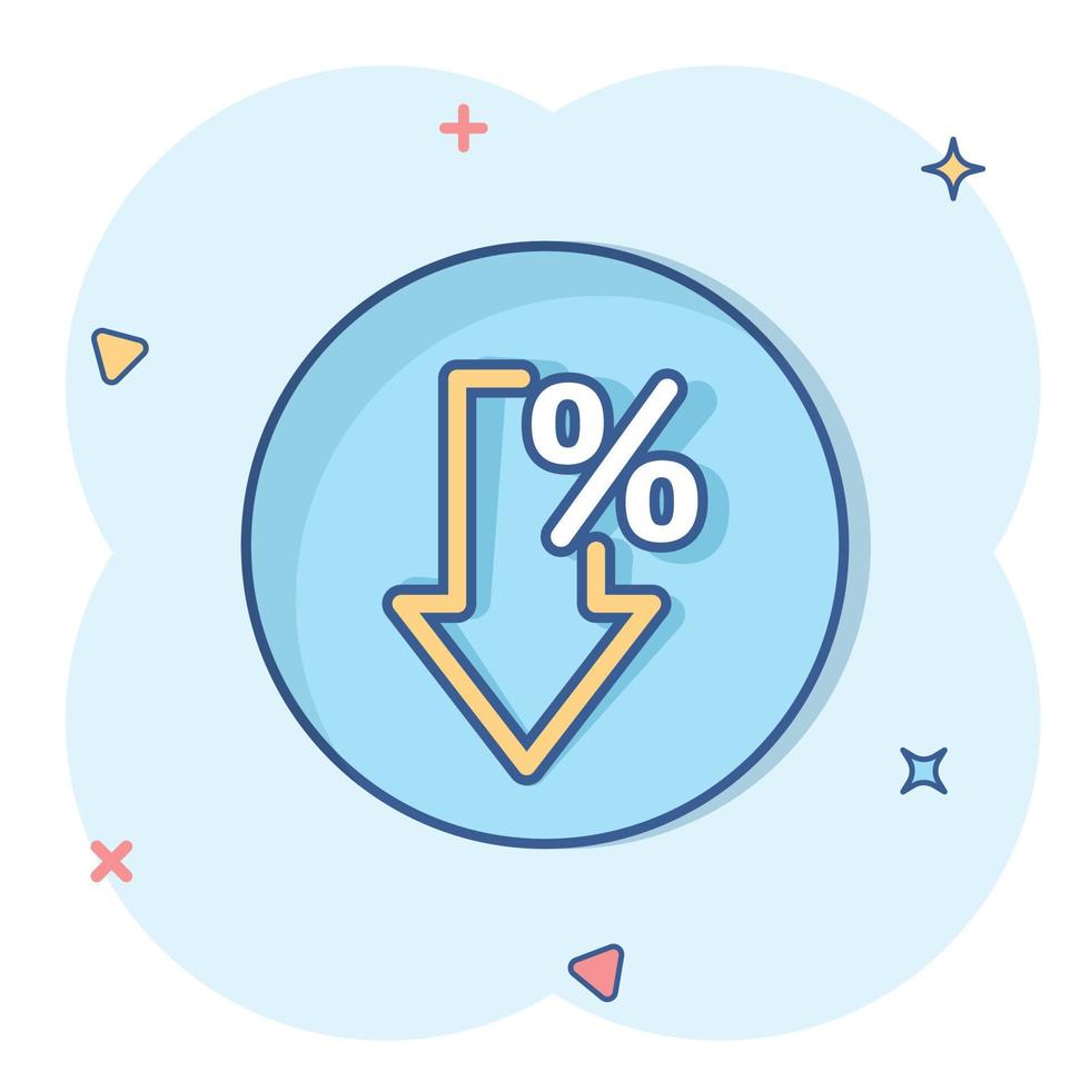 nedgång pil ikon i komisk stil. minska tecknad serie vektor illustration på vit isolerat bakgrund. inkomst modell stänk effekt företag begrepp.