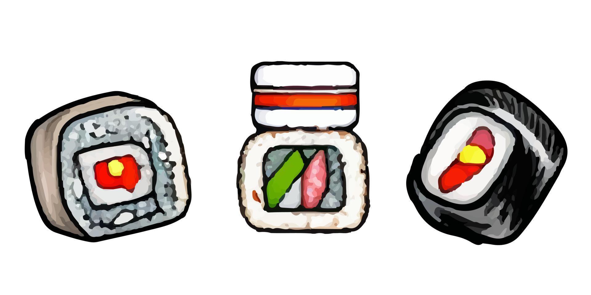 rullar, gunkan, temaki och inari. bra uppsättning av olika annorlunda typer av sushi isolerat på vit bakgrund. vektor