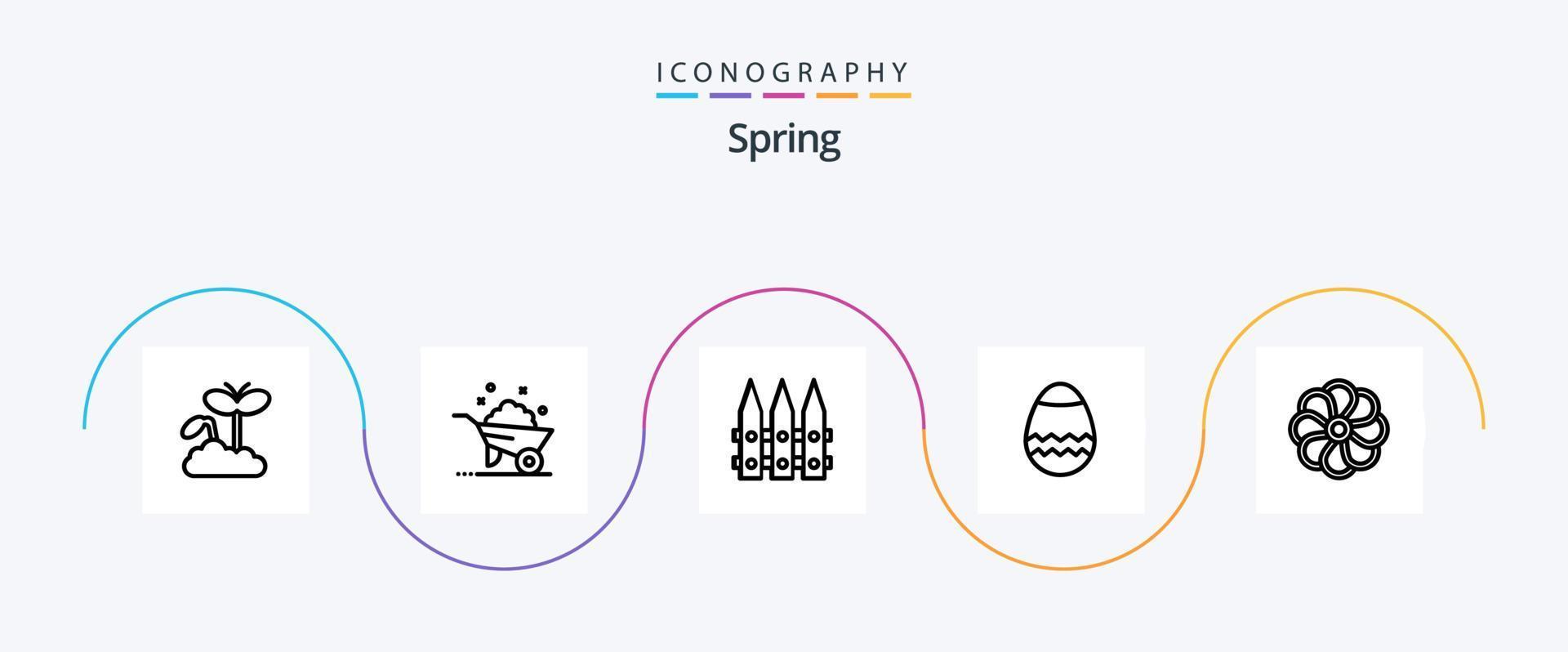 Spring Line 5 Icon Pack inklusive Plent. Blume. Zaun. Feder. Ostern vektor