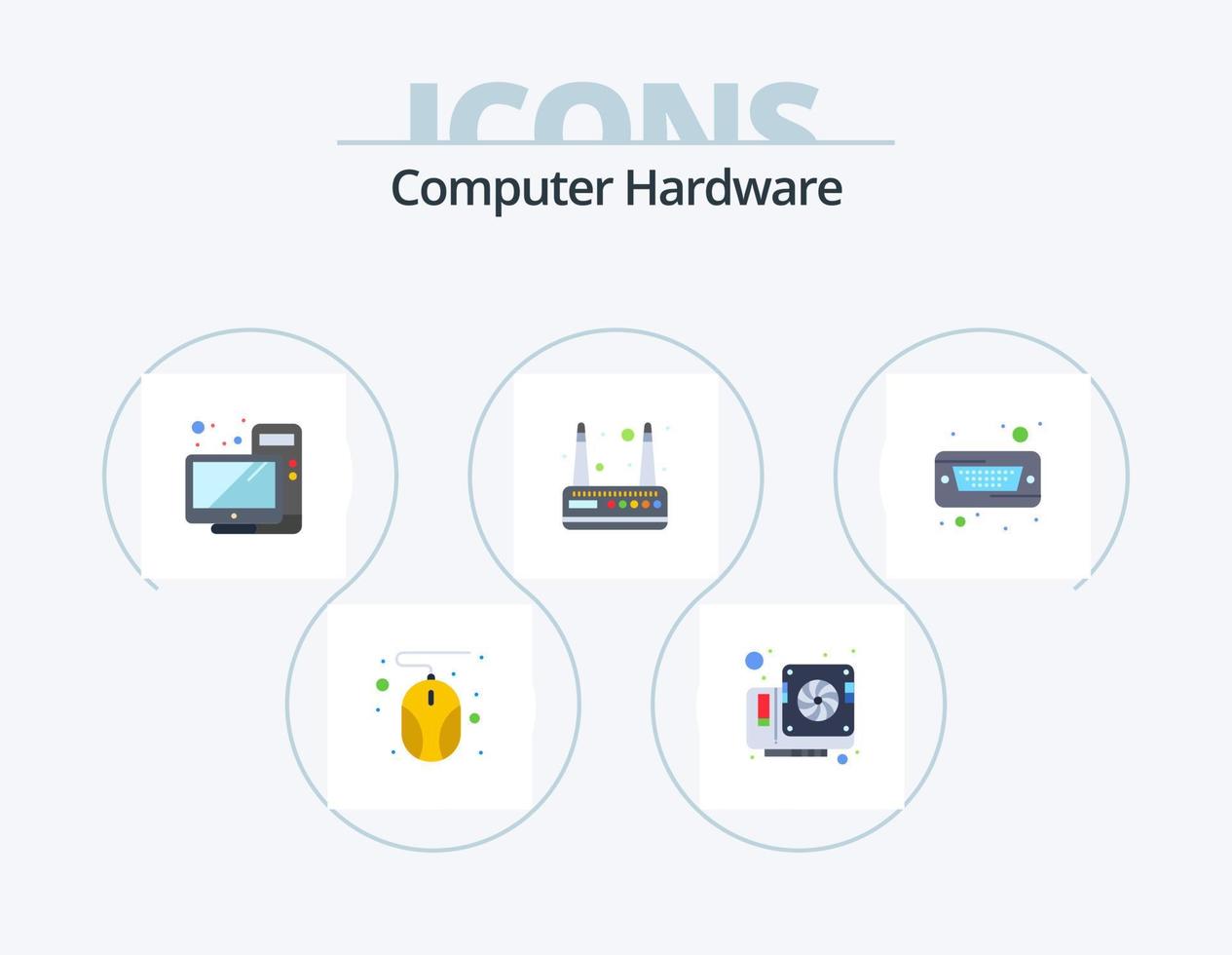 dator hårdvara platt ikon packa 5 ikon design. hård. hård. skrivbordet. kör. router vektor