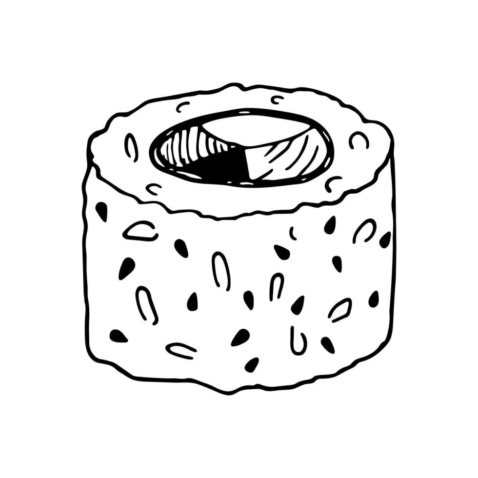 handgezeichnete japanische sushi-uramaki-rolle. asiatische Lebensmittel-Doodle-Illustration. Sushi-Bar vektor