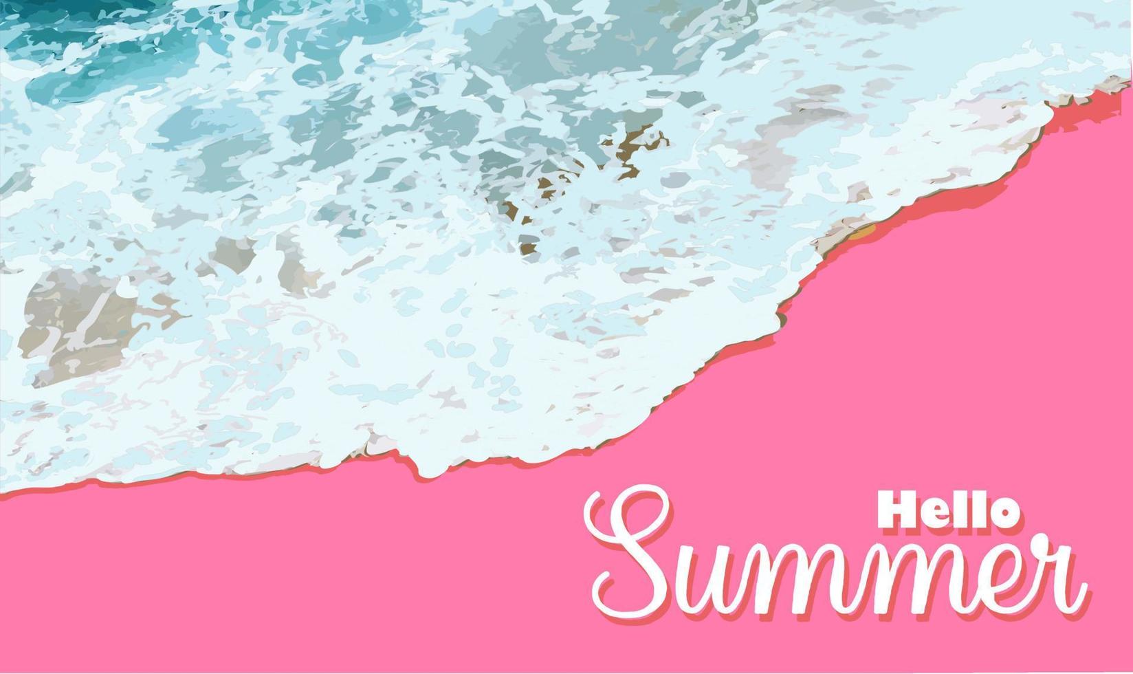 Sommerschlussverkauf Banner Hintergrund Mockup. Illustrationsvorlage. horizontales Banner. Hallo Sommer. rosa Sand. Blick von oben auf den Strand. Meereswellen und Schaum.. vektor