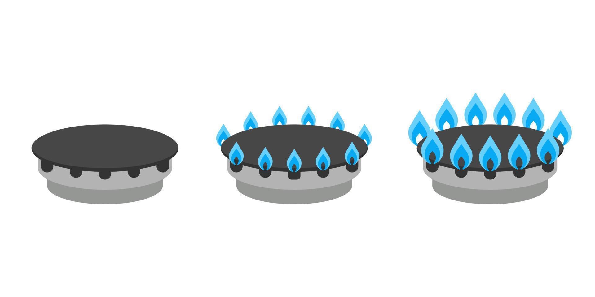 gas brännare med brand uppsättning, frånvaro och full blå flamma på spis. sparande dyr gas. kokplatta på gas spis. Hem matlagning tallrik i kök. vektor platt illustration