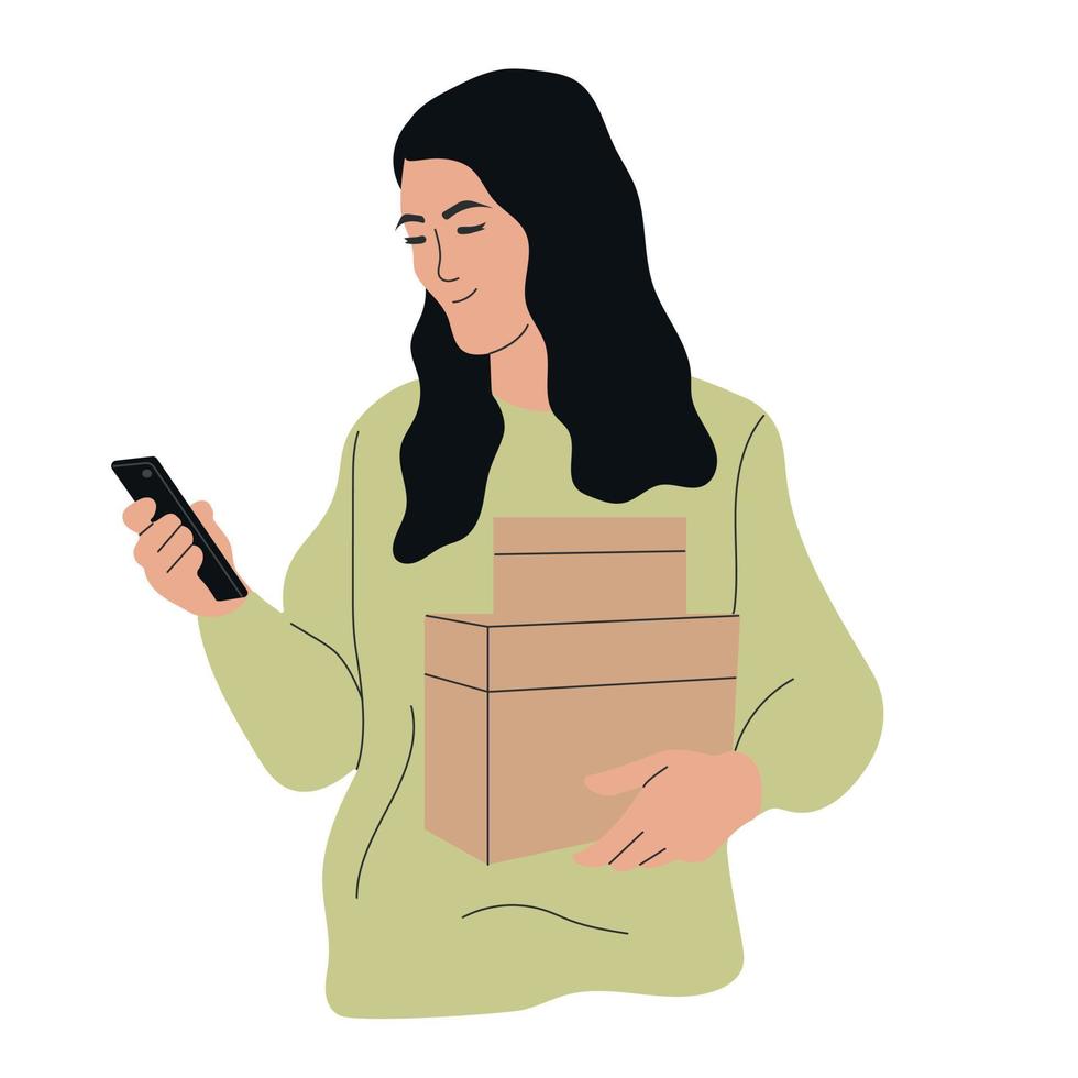 Eine junge Frau kauft und bezahlt Waren online. Frau mit Telefon und Häkchen vektor