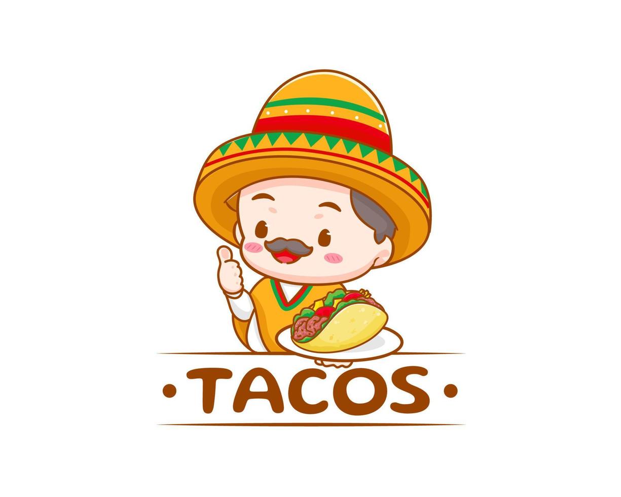 tacos-logo-karikaturillustration. Der süße Koch trägt einen Sombrero-Hut, der Tacos mit Daumen nach oben hält. mexikanisches traditionelles straßenessen. entzückender mexikanischer koch. Vektorgrafik vektor