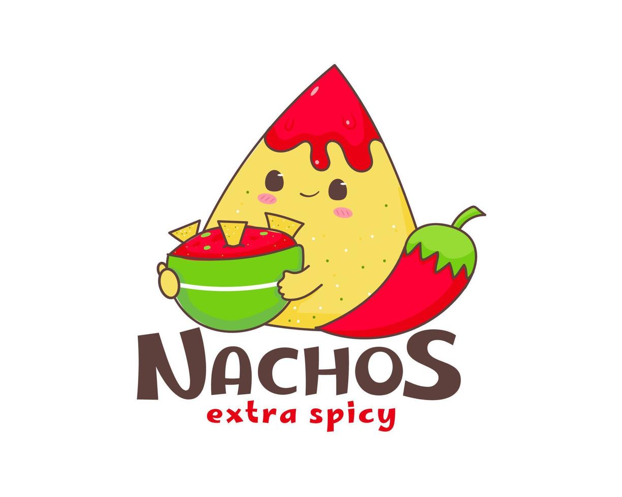 nachos tecknad serie logotyp. mexikansk traditionell gata mat. söt förtjusande mat karaktär begrepp. nachos med röd chili varm peppar. vektor konst illustration