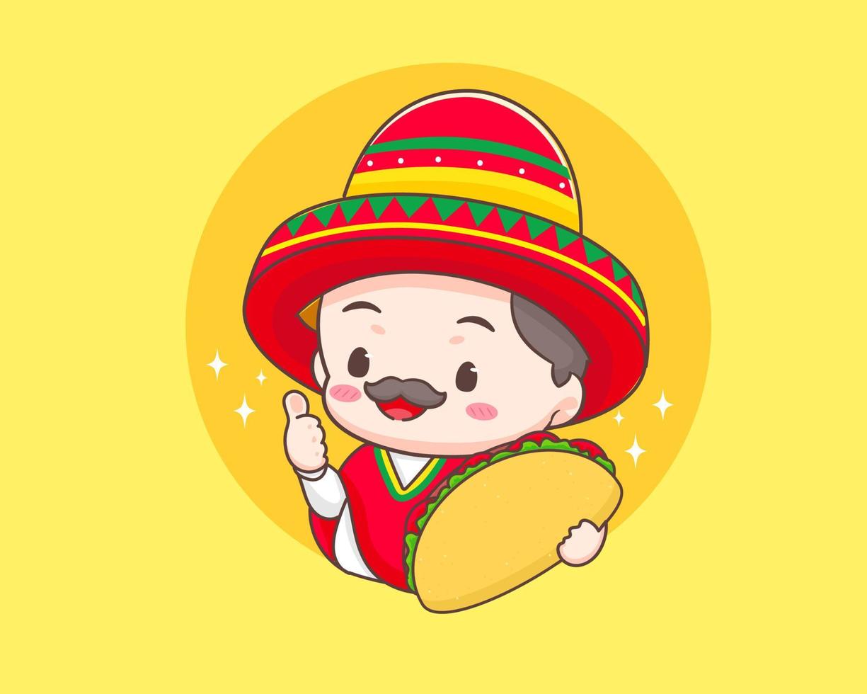 tacos logotyp tecknad serie illustration. söt kock bär sombrero hatt innehav tacos som visar tummen upp. mexikansk traditionell gata mat. förtjusande mexikansk kock. vektor konst illustration