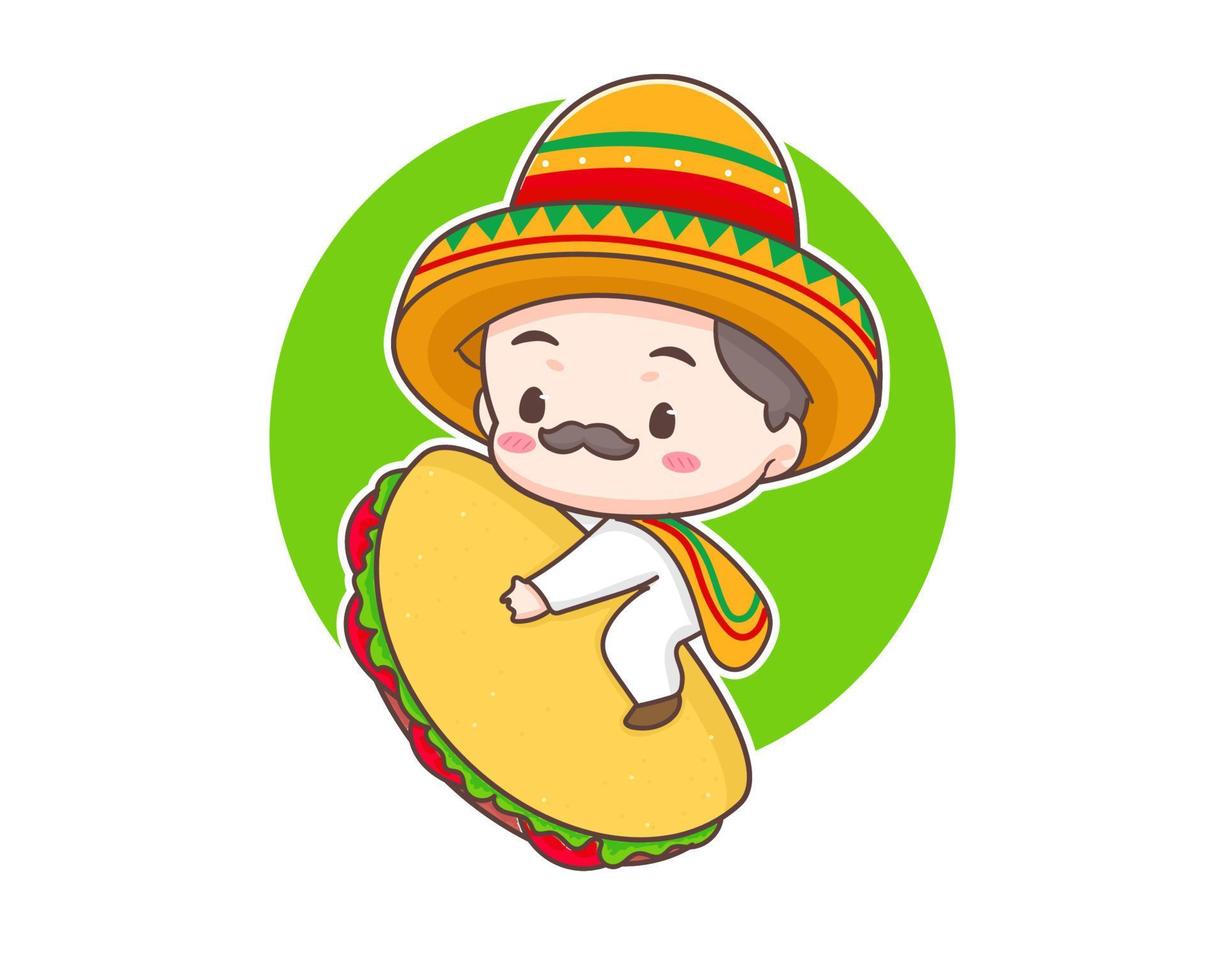 tacos logotyp tecknad serie illustration. söt kock bär sombrero hatt innehav tacos. mexikansk traditionell gata mat. förtjusande mexikansk kock. vektor konst illustration