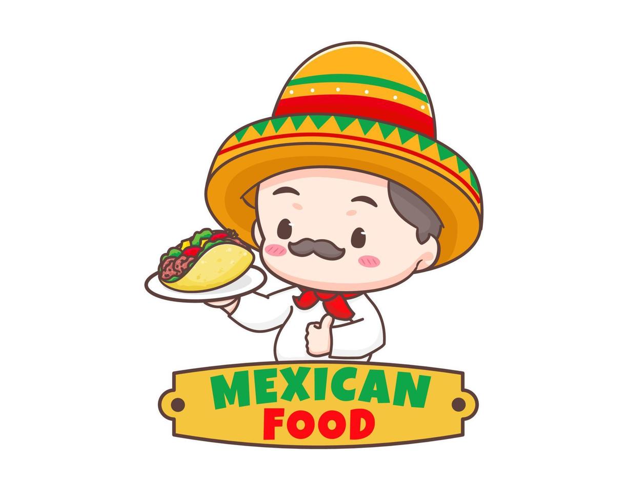 tacos-logo-karikaturillustration. Der süße Koch trägt einen Sombrero-Hut, der Tacos mit Daumen nach oben hält. mexikanisches traditionelles straßenessen. entzückender mexikanischer koch. Vektorgrafik vektor