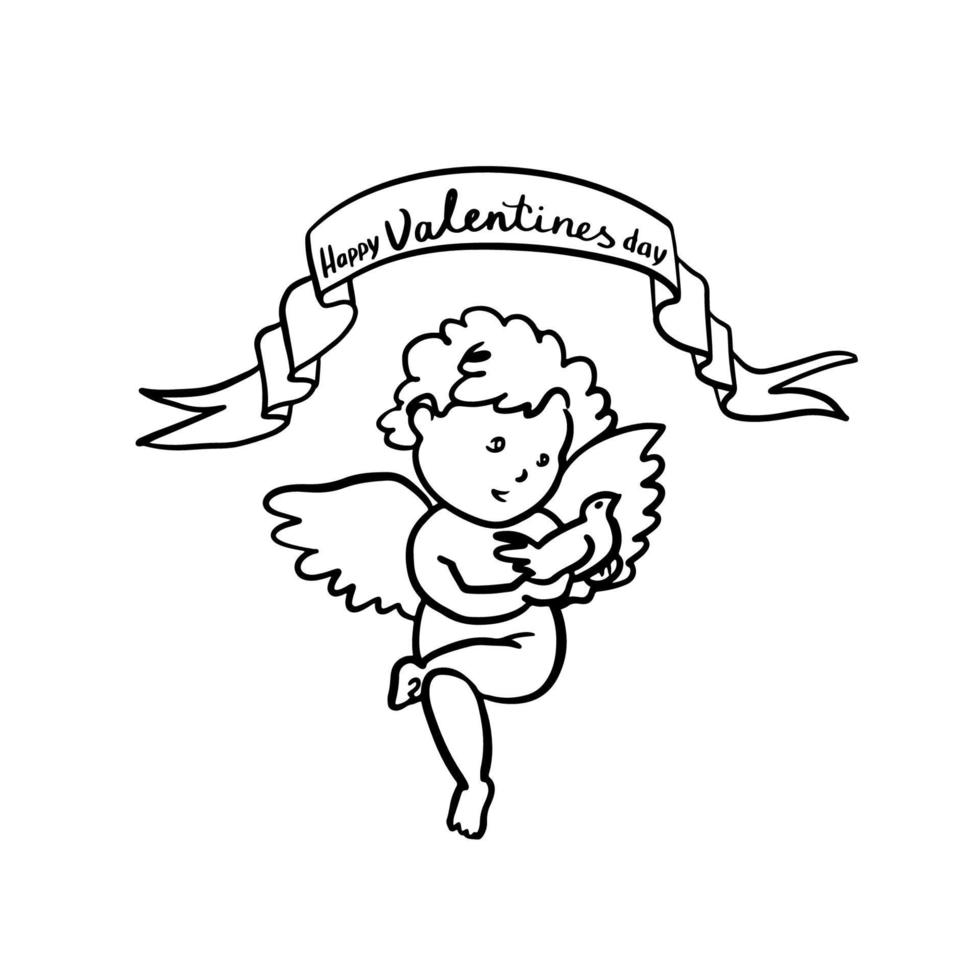 flygande cupid eller amur med rosett och pil. bevingad bebis Gud av kärlek eros. hand dragen linjär klotter bläck skiss. isolerat vektor illustration.