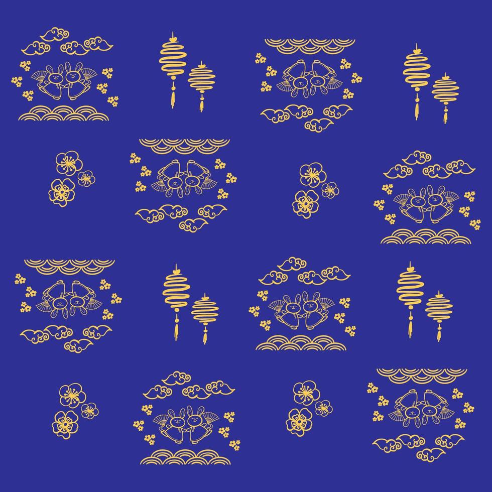 chinesisches muster mit goldenen strichzeichnungen, einfache handgezeichnete asiatische elemente auf blauem hintergrund vektor