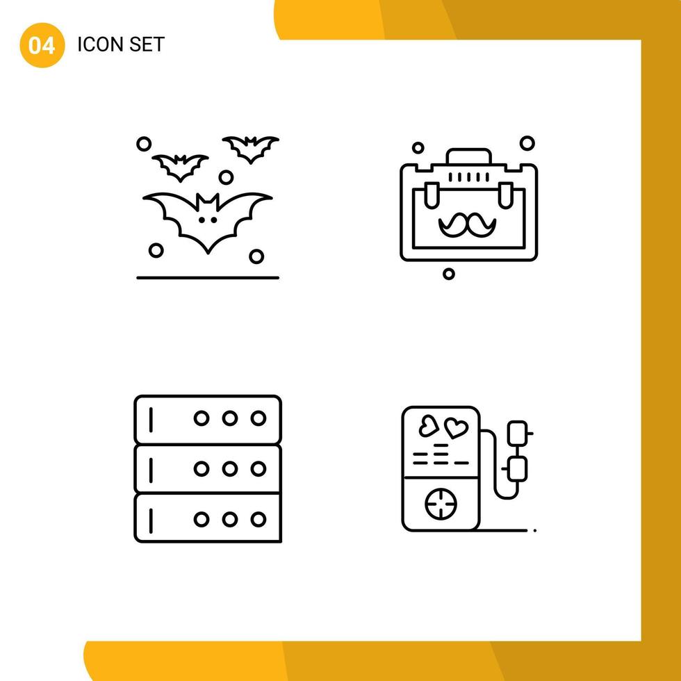 4 universelle Linienzeichen Symbole der Fledermausdatenbank Nachtbüro Liebe editierbare Vektordesign-Elemente vektor