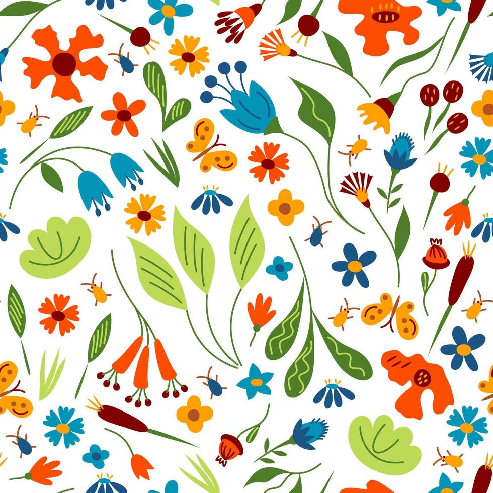 Nahtloses Muster mit verschiedenen hellen Blumen und Käfern. Vektor-Illustration. vektor