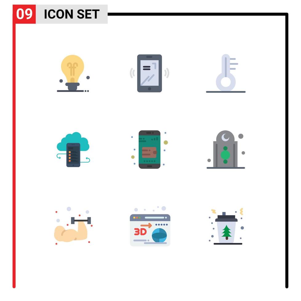 Satz von 9 kommerziellen flachen Farben für Online-Brieftaschensicherheit, Wetter, mobile Wolken, bearbeitbare Vektordesign-Elemente vektor