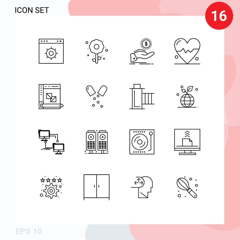 universelle Symbolsymbole Gruppe von 16 modernen Umrissen der Entwicklungswissenschaft helfen Herzdarlehen editierbare Vektordesign-Elemente vektor