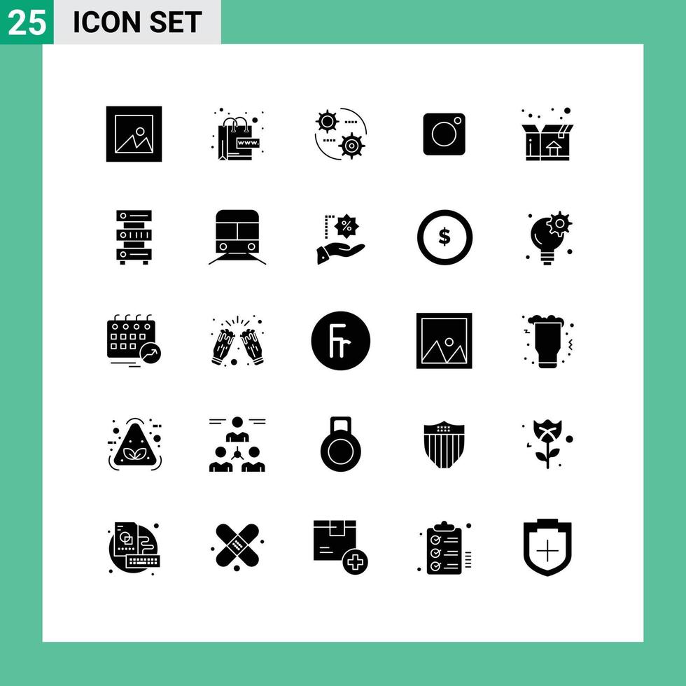 Gruppe von 25 modernen soliden Glyphen für Versandkartons, die editierbare Vektordesignelemente für soziale Instagram festlegen vektor