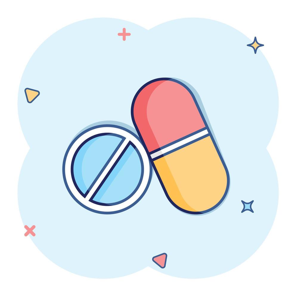 Pille-Symbol im Comic-Stil. medizinische Kapseln Cartoon-Vektor-Illustration auf isoliertem Hintergrund. Apothekenzeichen Geschäftskonzept Splash-Effekt. vektor
