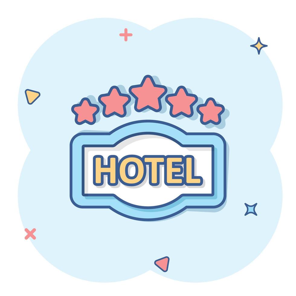 Hotel 5-Sterne-Schild-Symbol im Comic-Stil. Inn Cartoon-Vektor-Illustration auf weißem Hintergrund isoliert. Geschäftskonzept mit Splash-Effekt für Hostelzimmerinformationen. vektor