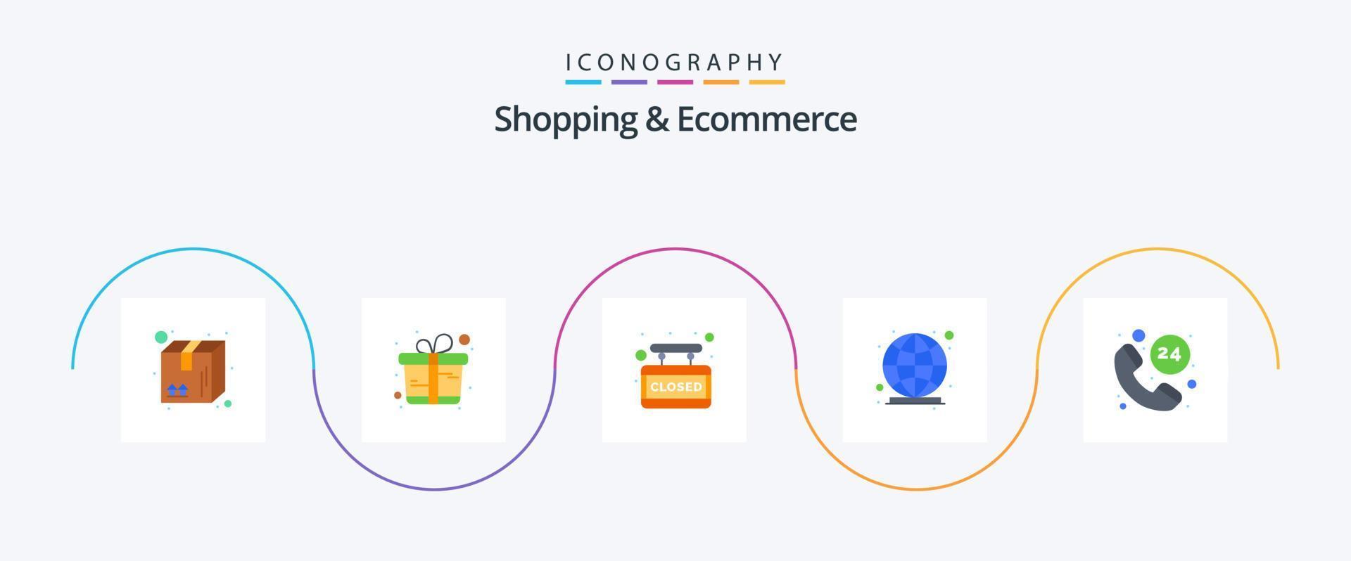 Shopping und E-Commerce Flat 5 Icon Pack inklusive Öffnungszeiten. Internet. Geschenkbox. Globus. Einkaufen vektor