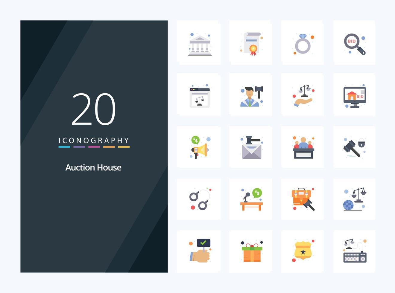 20 flaches Farbsymbol für Auktionen zur Präsentation vektor