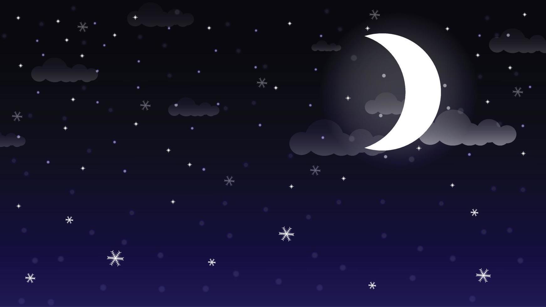 Winterschneefall um Mitternacht mit Mond und Sternen auf Himmelsvektorhintergrund vektor