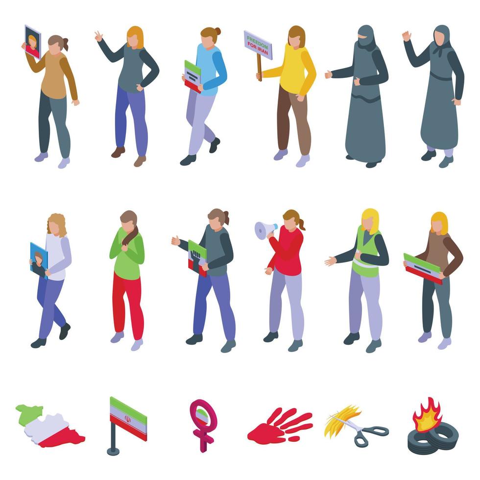 iran protester ikoner uppsättning isometrisk vektor. kvinna hår vektor