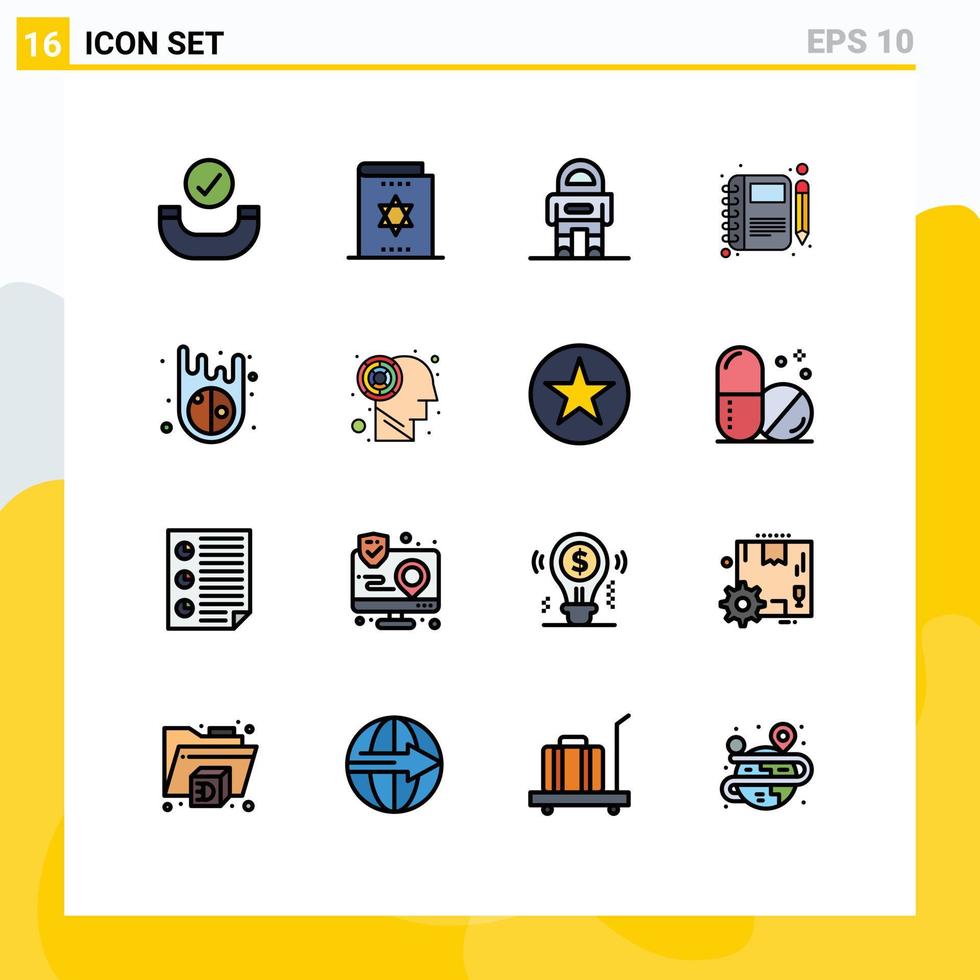 Gruppe von 16 modernen, flachen, farbgefüllten Linien, die für Asteroiden-Notizbuch-Astronauten-Notizen-Tagebuch gesetzt werden, editierbare kreative Vektordesign-Elemente vektor