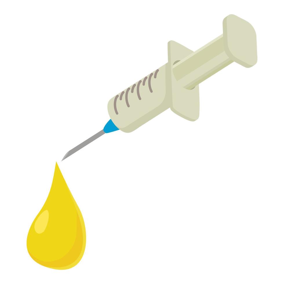 isometrischer Vektor des reinen Produktsymbols. Pflanzenöltropfen aus Einwegspritze