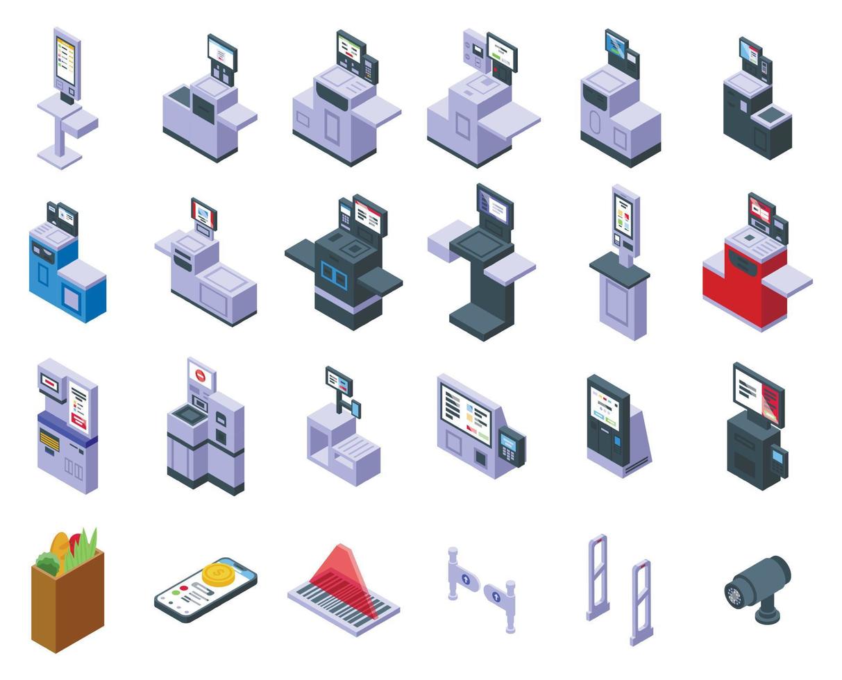 self-service an den kassenikonen stellten isometrischen vektor ein. Supermarkt Bargeld