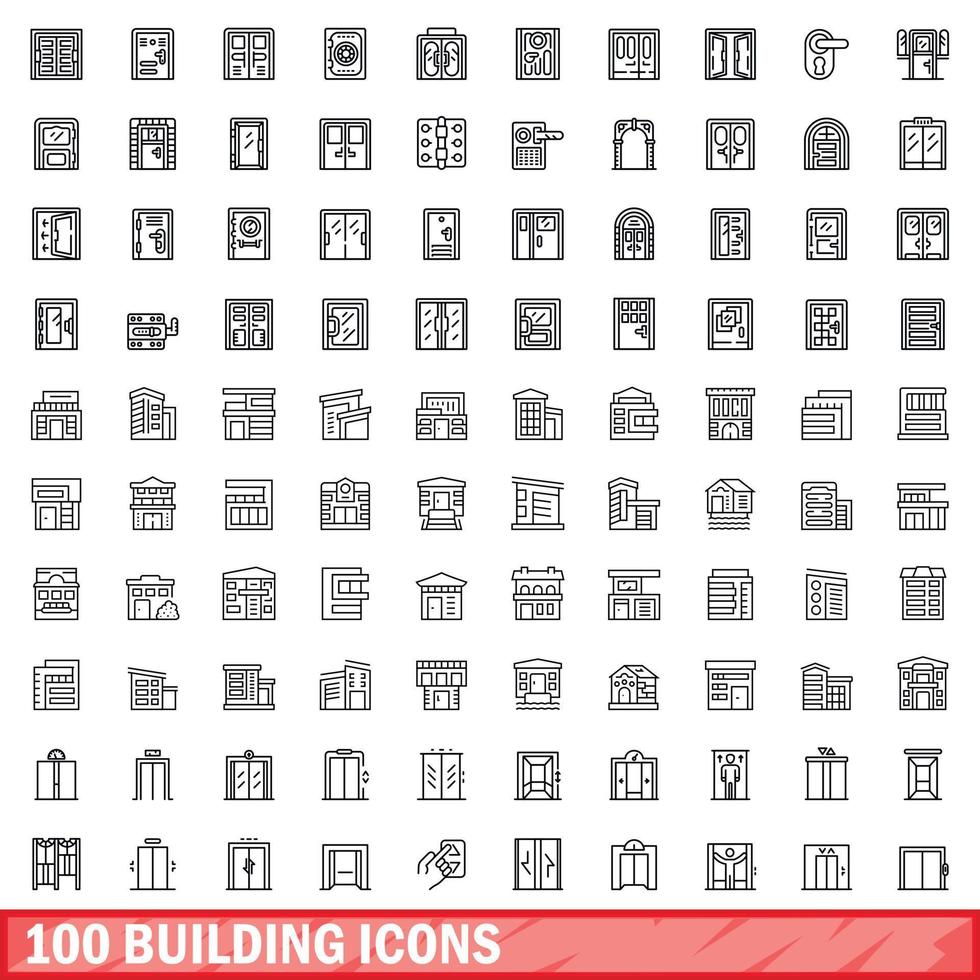 100 Gebäudesymbole gesetzt, Umrissstil vektor