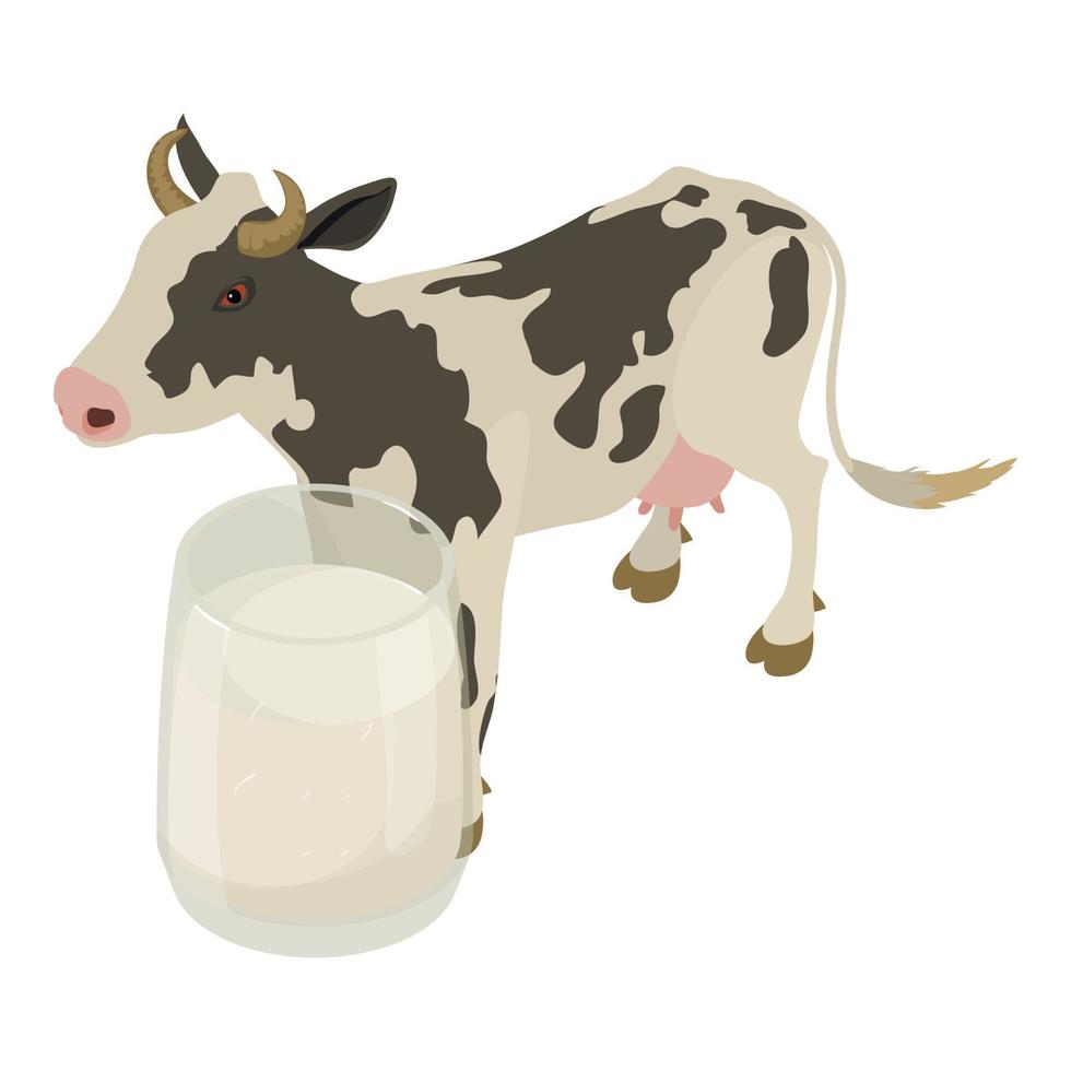 Isometrischer Vektor der Kuhmilchikone. volles Glas frische Milch auf dem Hintergrund der Kuh