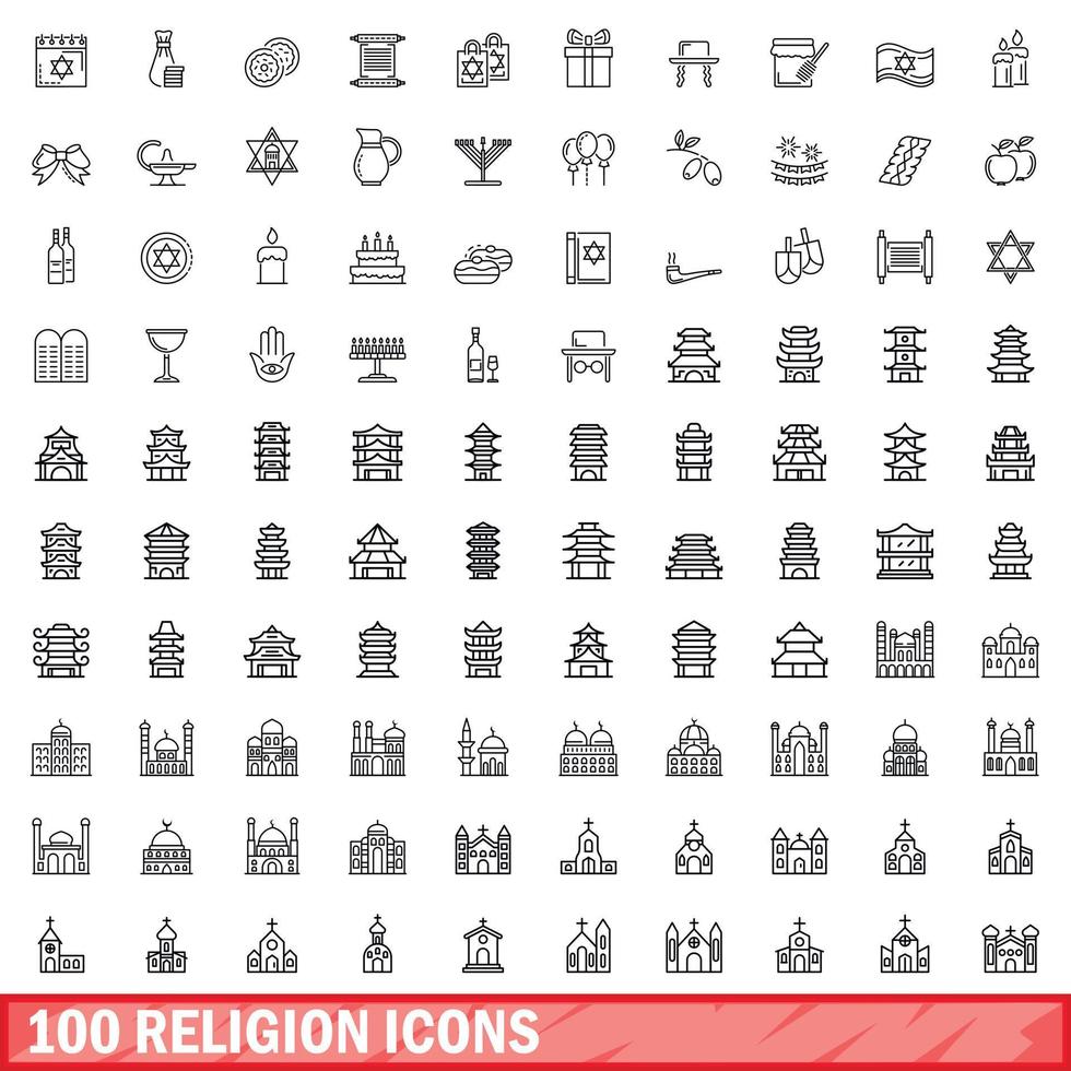 100 Religionssymbole gesetzt, Umrissstil vektor
