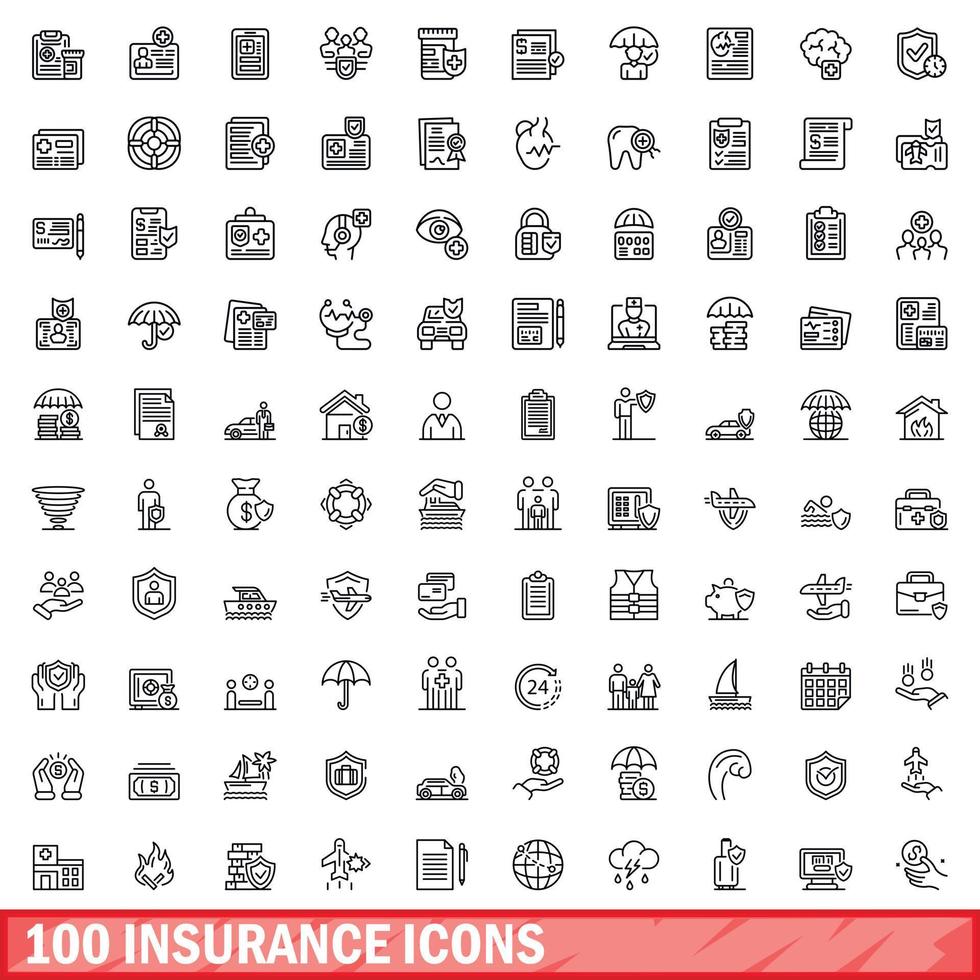 100 försäkring ikoner uppsättning, översikt stil vektor