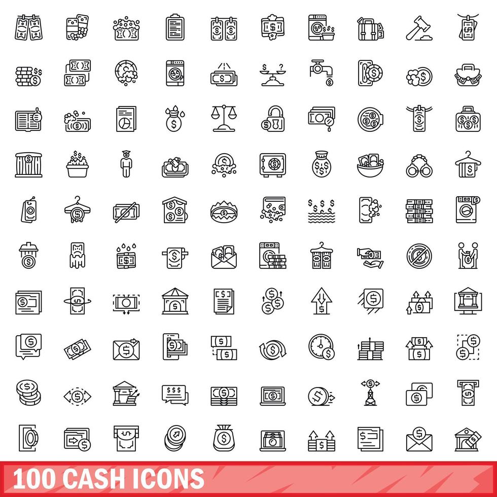 100 kontanter ikoner uppsättning, översikt stil vektor