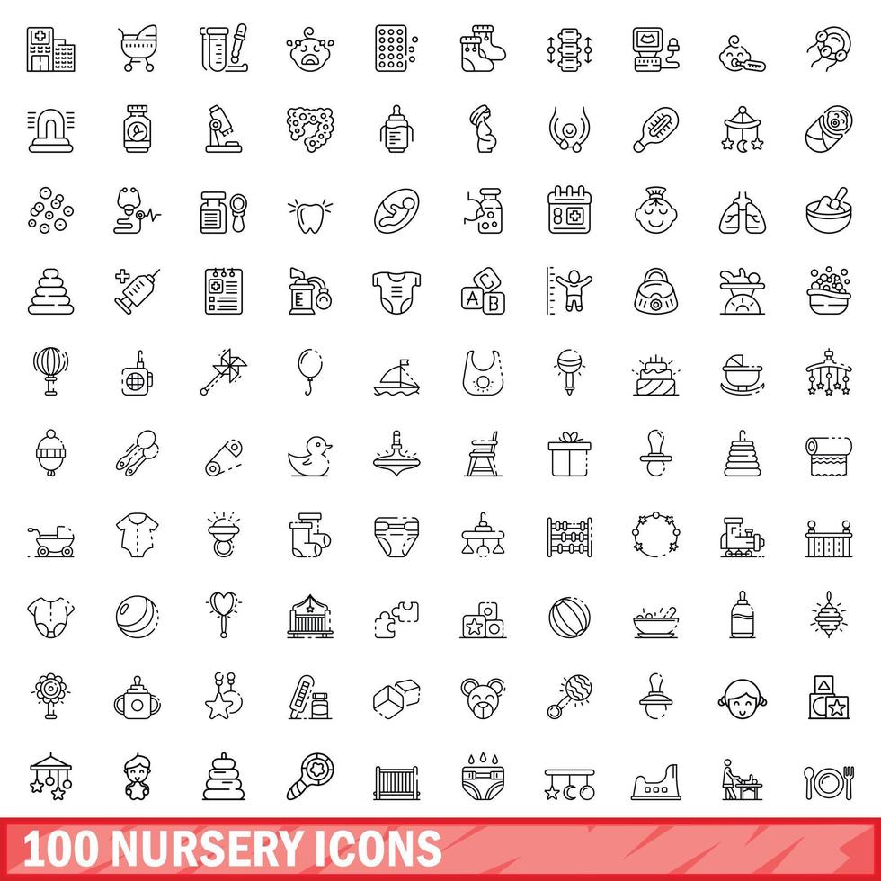 100 Kinderzimmer-Icons gesetzt, Umrissstil vektor