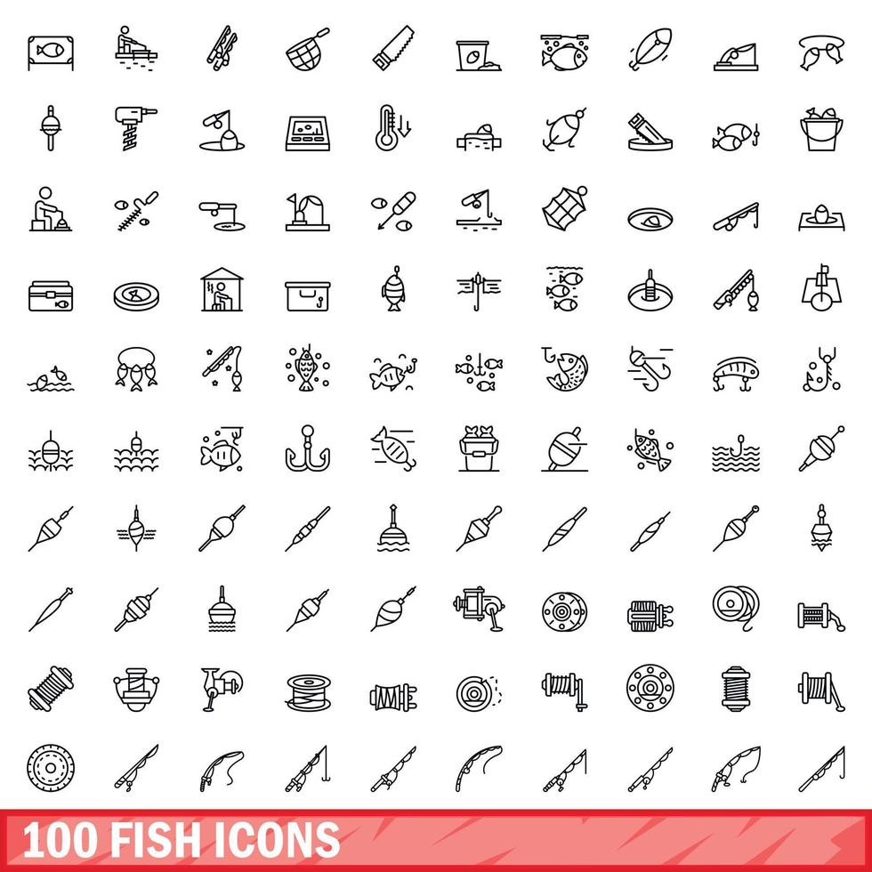 100 fisk ikoner set, kontur stil vektor