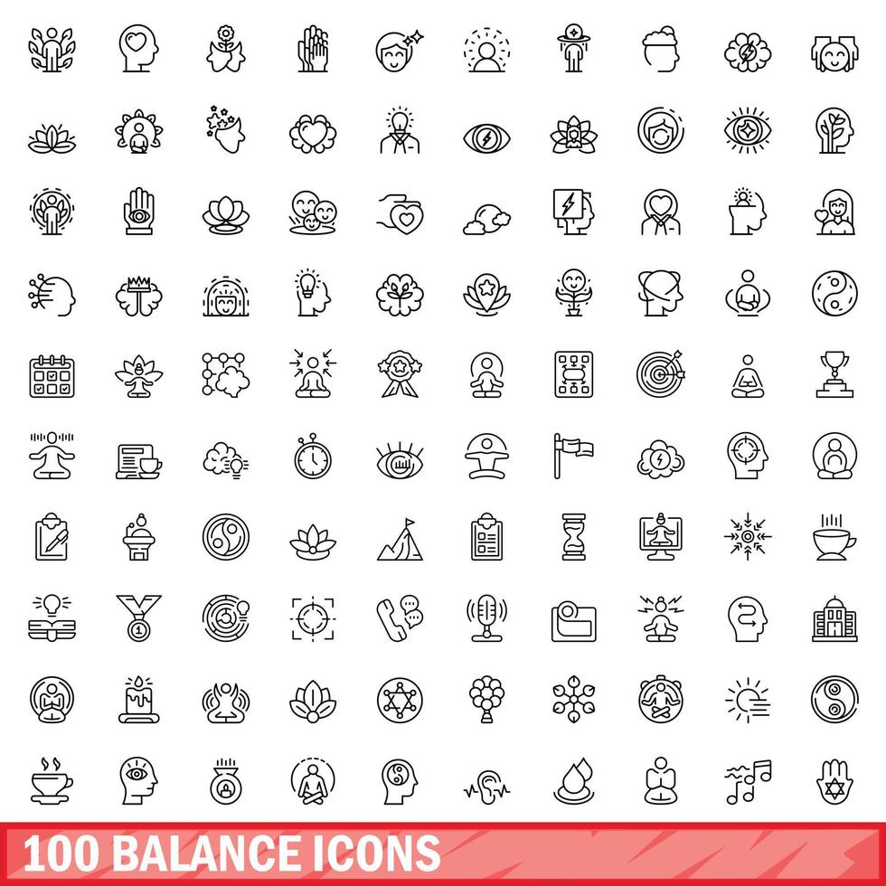 100 balans ikoner set, kontur stil vektor