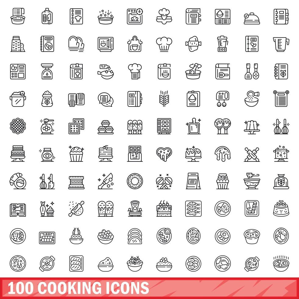 100 Kochsymbole gesetzt, Umrissstil vektor