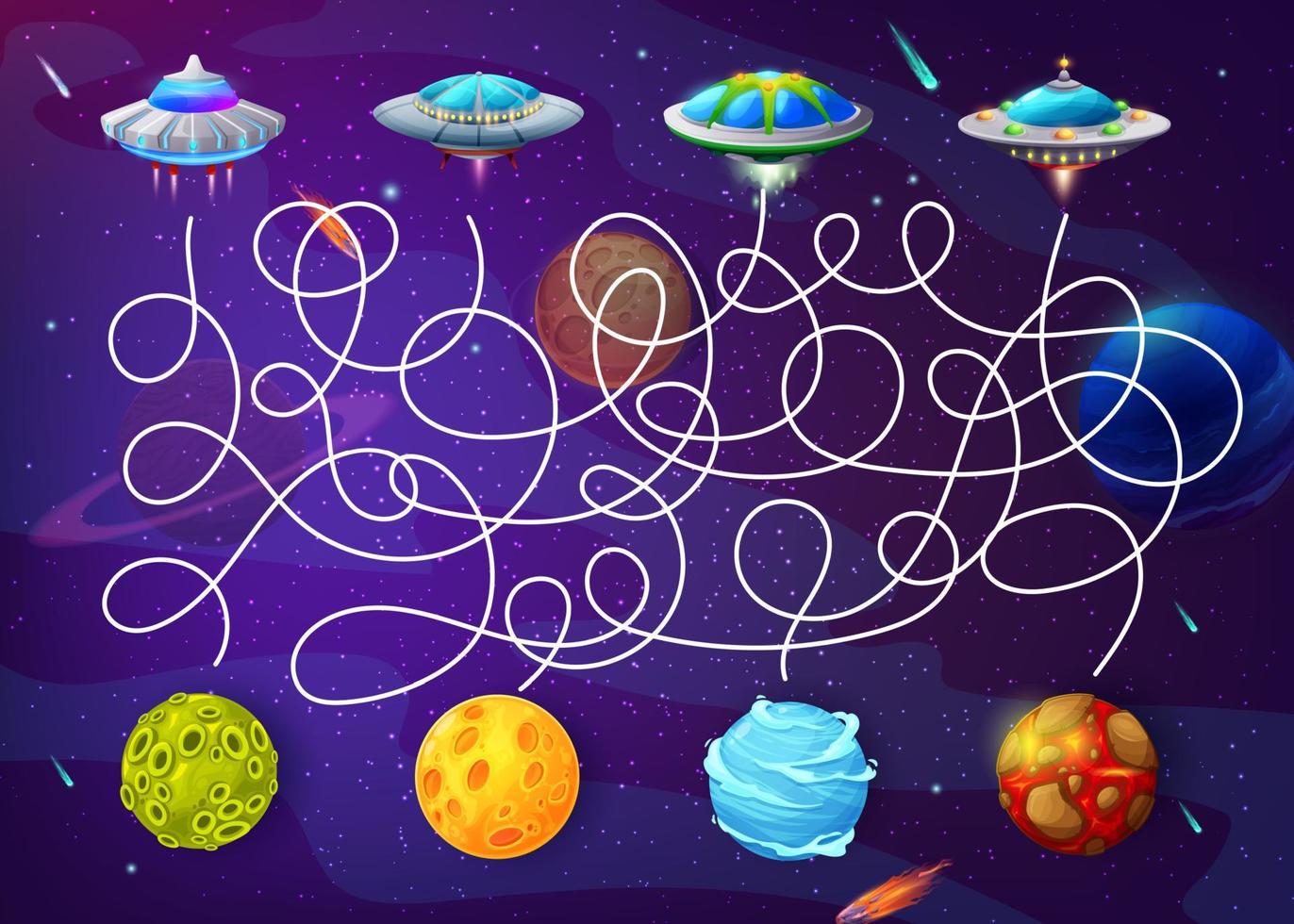 Cartoon-Weltraum-Labyrinth, hilf dem UFO, den Planeten zu finden vektor