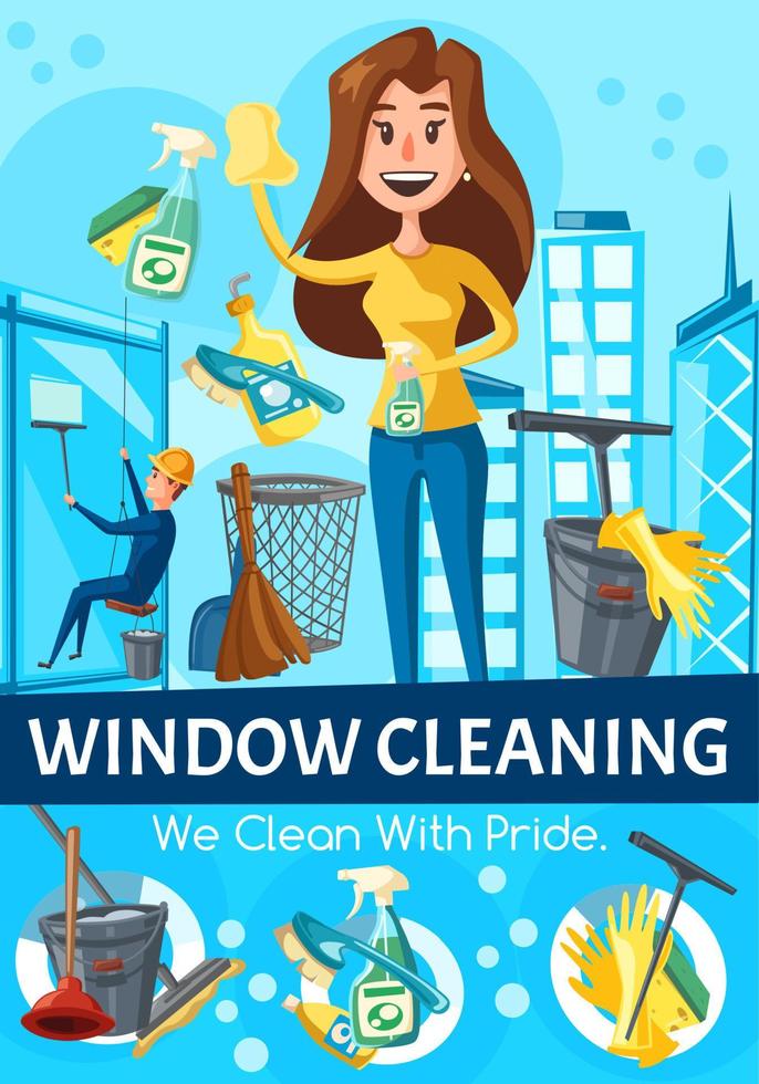 fönster rengöring service, arbetare och verktyg vektor