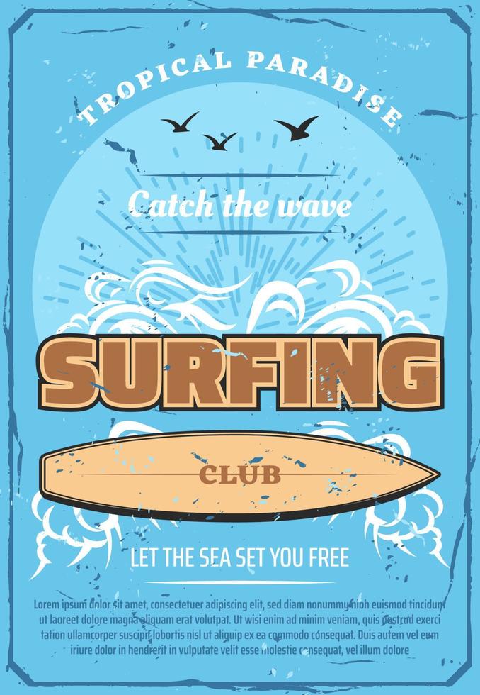 surfing sport klubb retro affisch, hav och surfingbräda vektor